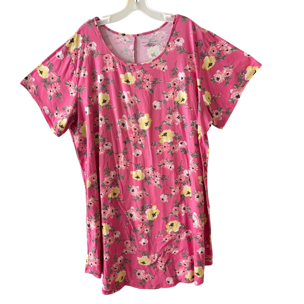 Bobby Brooks Tunic Top Womens 1X Pink Floral Loose Short Sleeve Cottagecore